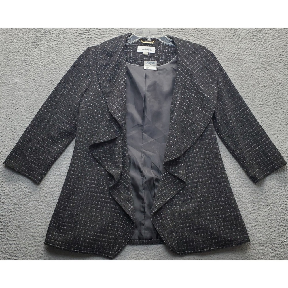 Calvin Klein Blazer Jacket Womens 8 Multi Check Ruffle Trim Draped Open Front